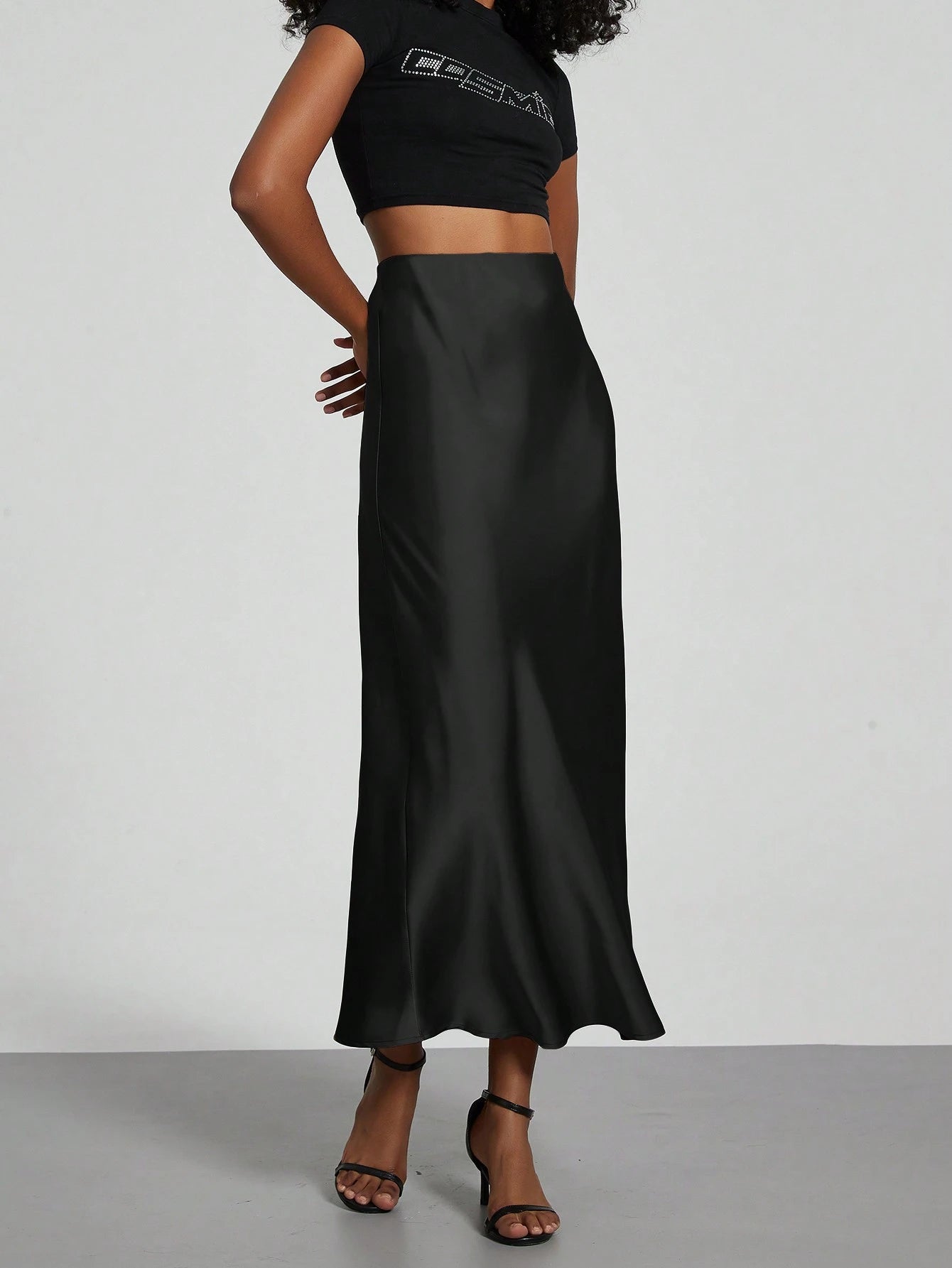 Se-Helo Fashion Women's Elastic Satin Feeling Satin Maxi Skirt- Black Casual Spring, Elegant