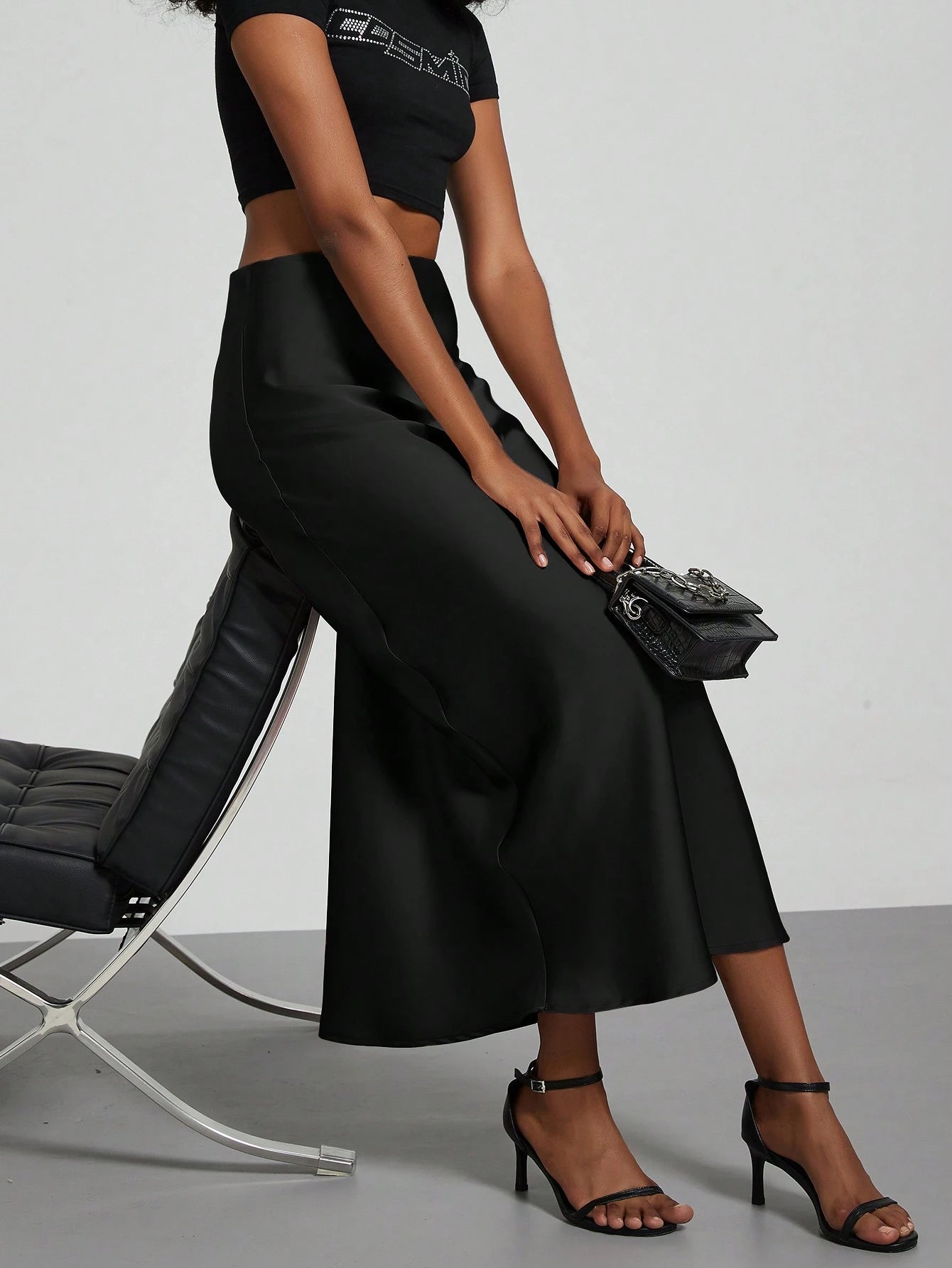 Se-Helo Fashion Women's Elastic Satin Feeling Satin Maxi Skirt- Black Casual Spring, Elegant