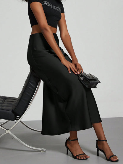 Se-Helo Fashion Women's Elastic Satin Feeling Satin Maxi Skirt- Black Casual Spring, Elegant