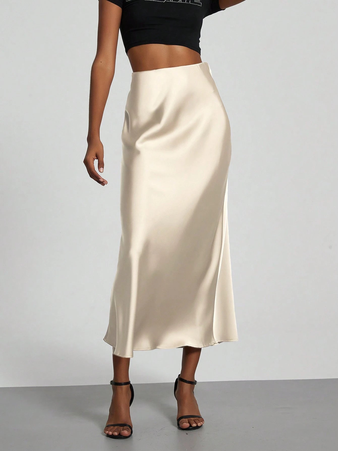 Se-Helo Fashion Women's Elastic Satin Feeling Satin Maxi Skirt- Black Casual Spring, Elegant