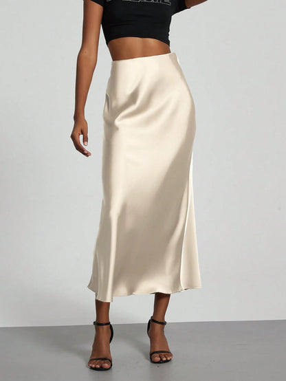 Se-Helo Fashion Women's Elastic Satin Feeling Satin Maxi Skirt- Black Casual Spring, Elegant