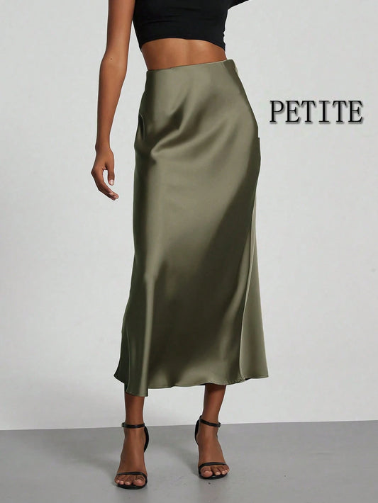 Se-Helo Women's Fashion Commuter Versatile Petite Version Elastic Satin Texture Seasonal Wear Satin Skirt Midi Skirt- Moss Green Spring