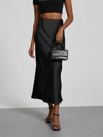 Se-Helo Women's Fashion Commuter Versatile Petite Version Elastic Satin Texture Seasonal Wearable Satin Skirt Midi Skirt- Black Spring, Quiet Luxury