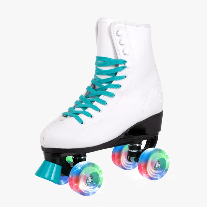 White roller skate with teal laces and colorful wheels on a white background