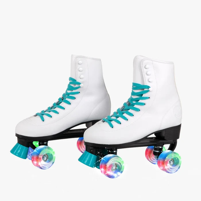 White roller skates with teal laces and colorful wheels on a white background