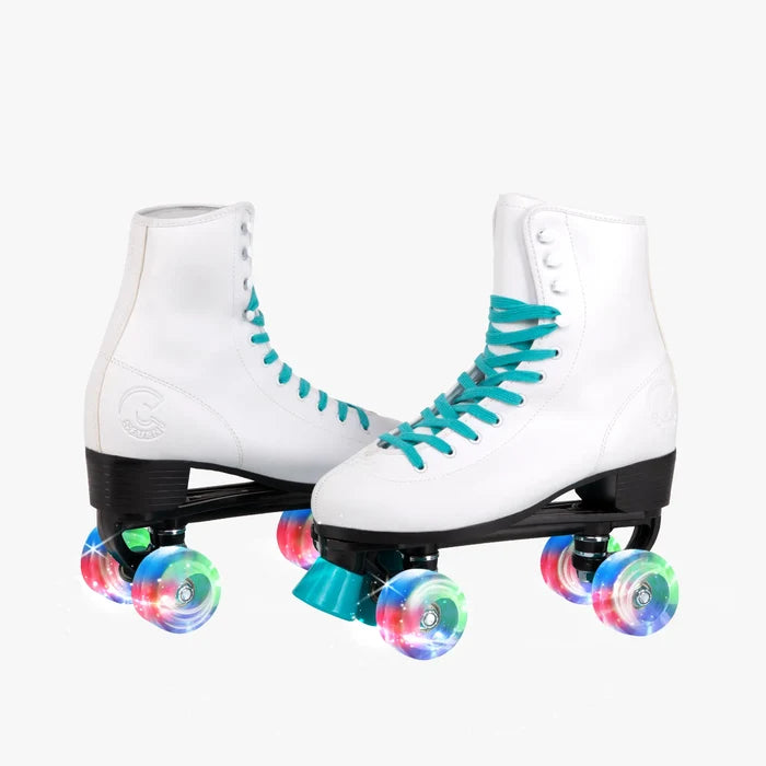 White roller skates with teal laces and colorful wheels on a white background