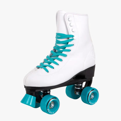 White roller skates with turquoise laces and wheels on a white background