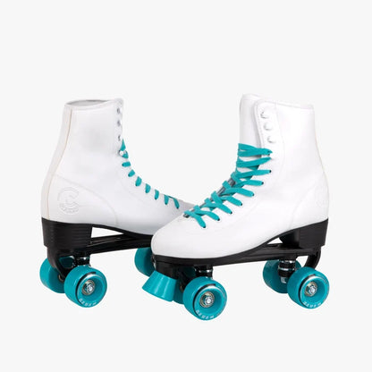 White roller skates with turquoise laces and wheels on a white background