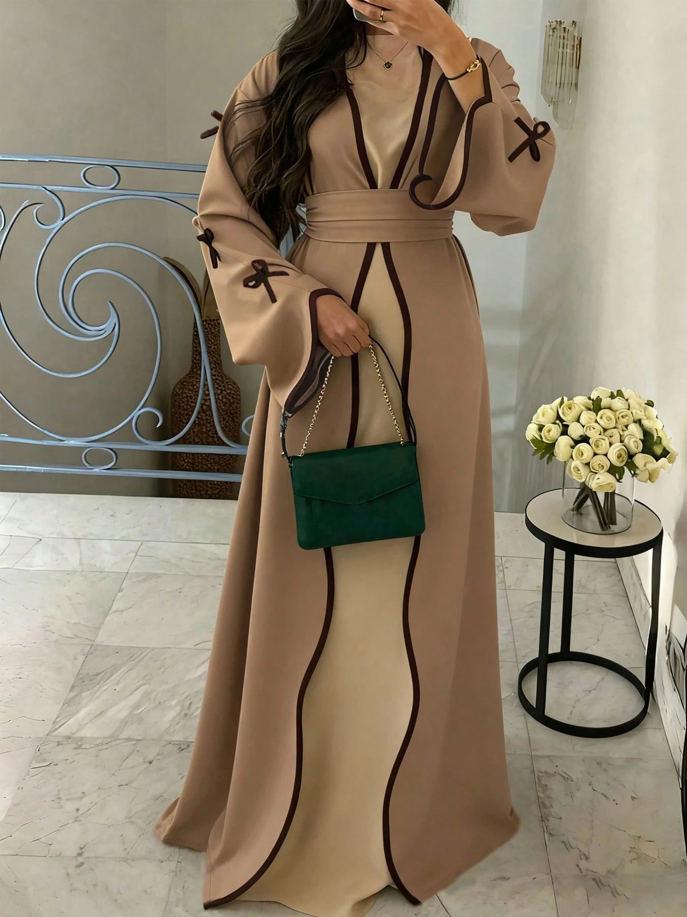 Seasonal Fashion Bow Tie Long Cardigan, Solid Color Casual Soft Comfortable Jacket With Belt, Suitable For Holidays And Daily Wear