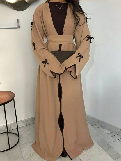 Seasonal Fashion Bow Tie Long Cardigan, Solid Color Casual Soft Comfortable Jacket With Belt, Suitable For Holidays And Daily Wear