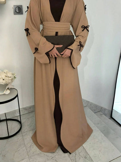 Seasonal Fashion Bow Tie Long Cardigan, Solid Color Casual Soft Comfortable Jacket With Belt, Suitable For Holidays And Daily Wear