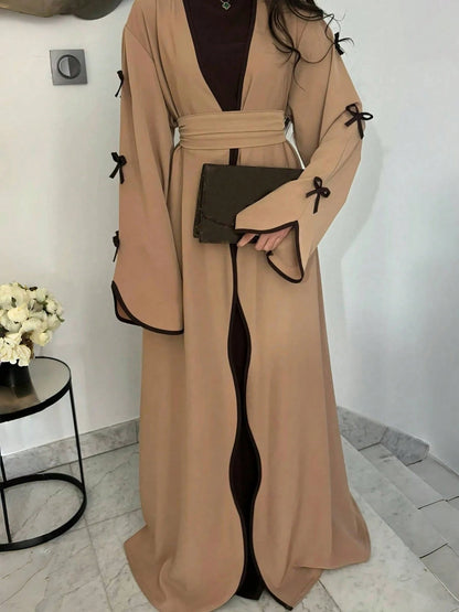 Seasonal Fashion Bow Tie Long Cardigan, Solid Color Casual Soft Comfortable Jacket With Belt, Suitable For Holidays And Daily Wear