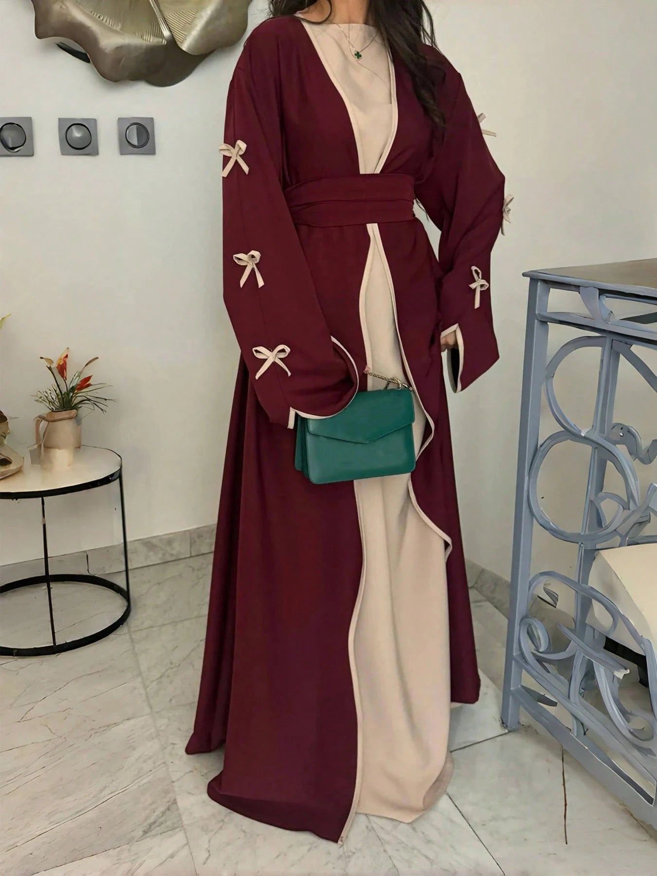 Seasonal Fashion Bow Tie Long Cardigan, Solid Color Casual Soft Comfortable Jacket With Belt, Suitable For Holidays And Daily Wear