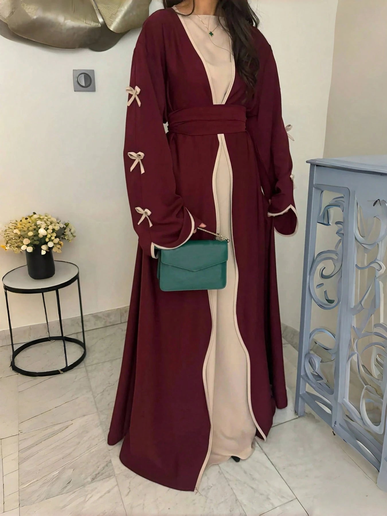 Seasonal Fashion Bow Tie Long Cardigan, Solid Color Casual Soft Comfortable Jacket With Belt, Suitable For Holidays And Daily Wear