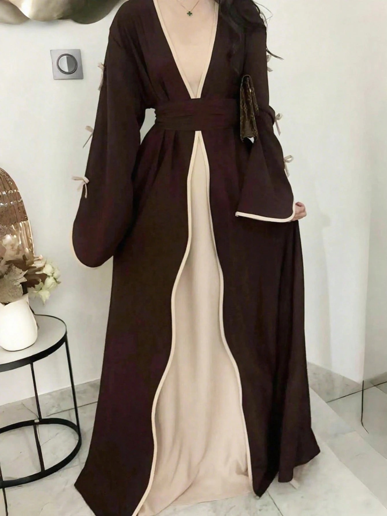 Seasonal Fashion Bow Tie Long Cardigan, Solid Color Casual Soft Comfortable Jacket With Belt, Suitable For Holidays And Daily Wear