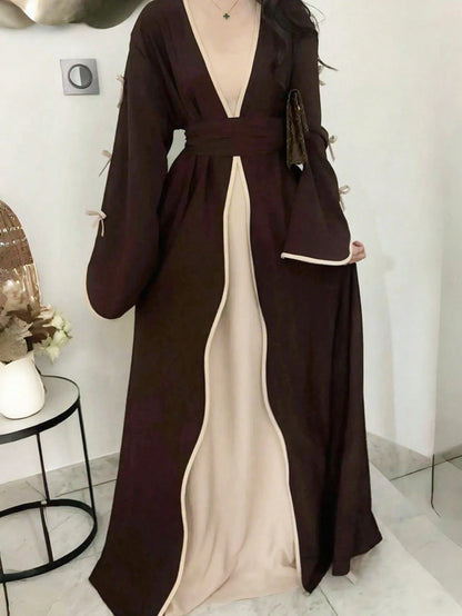 Seasonal Fashion Bow Tie Long Cardigan, Solid Color Casual Soft Comfortable Jacket With Belt, Suitable For Holidays And Daily Wear