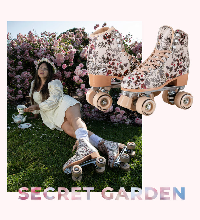 Floral-patterned roller skates with a woman sitting on grass next to flowers, labeled 'Secret Garden'.
