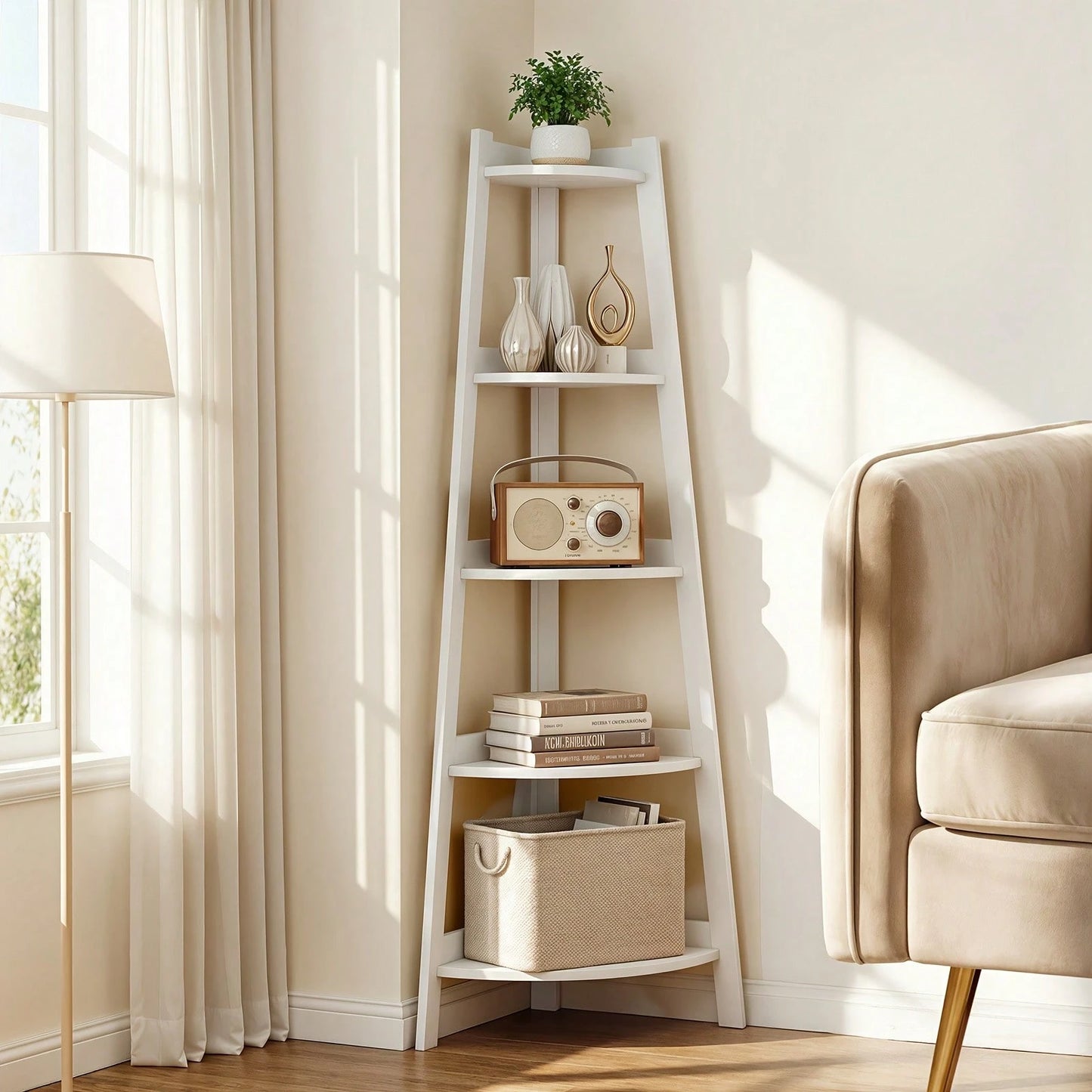 Senmeo Extra Large 5-Tier Corner Bookshelf| Heavy-Duty Space-Saving Modern White Bookcase For Home Office, Living Room, Kitchen, Balcony- Floor Mount, Versatile Shelving Unit, Durable, Boho Style, C