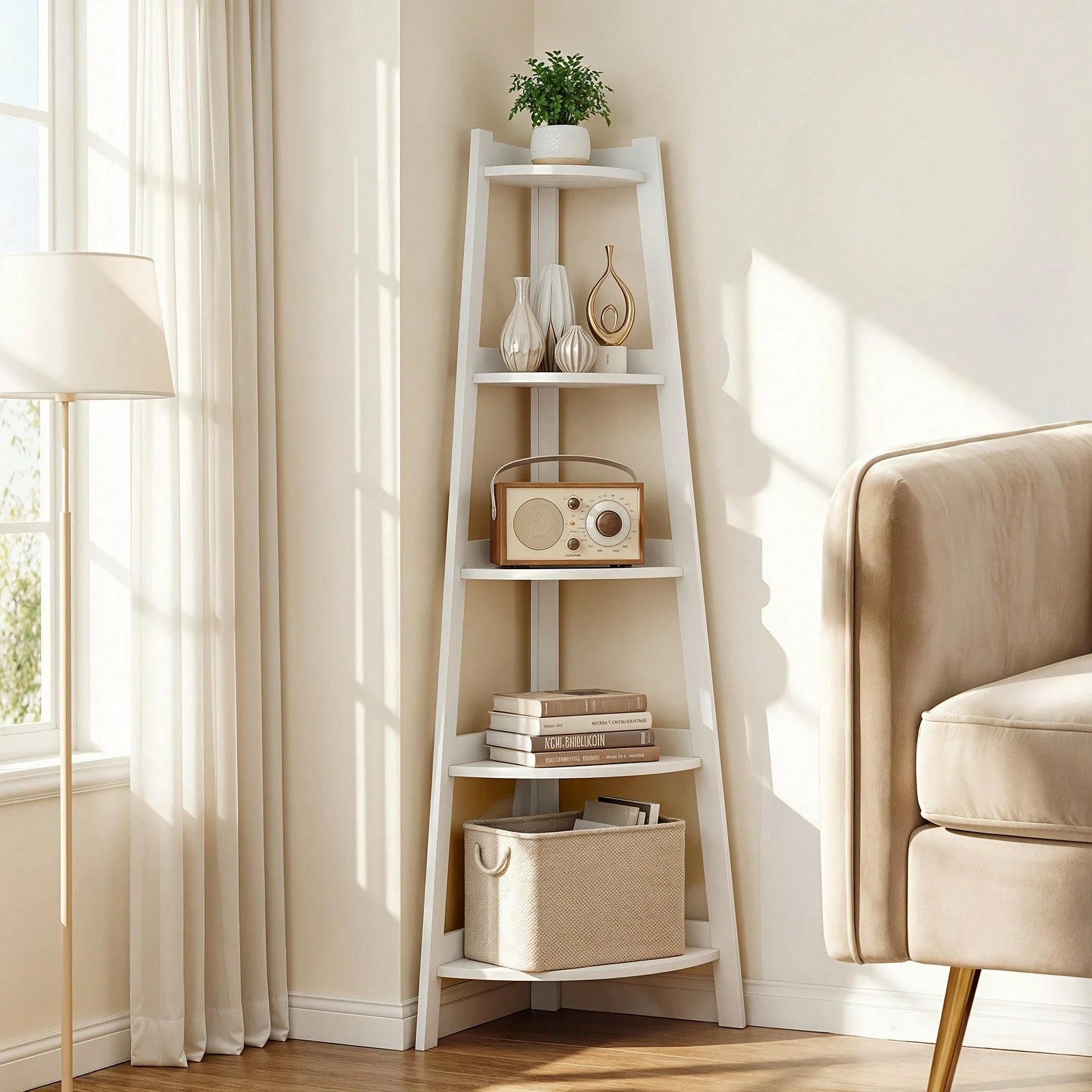 Senmeo Extra Large 5-Tier Corner Bookshelf| Heavy-Duty Space-Saving Modern White Bookcase For Home Office, Living Room, Kitchen, Balcony- Floor Mount, Versatile Shelving Unit, Durable, Boho Style, C