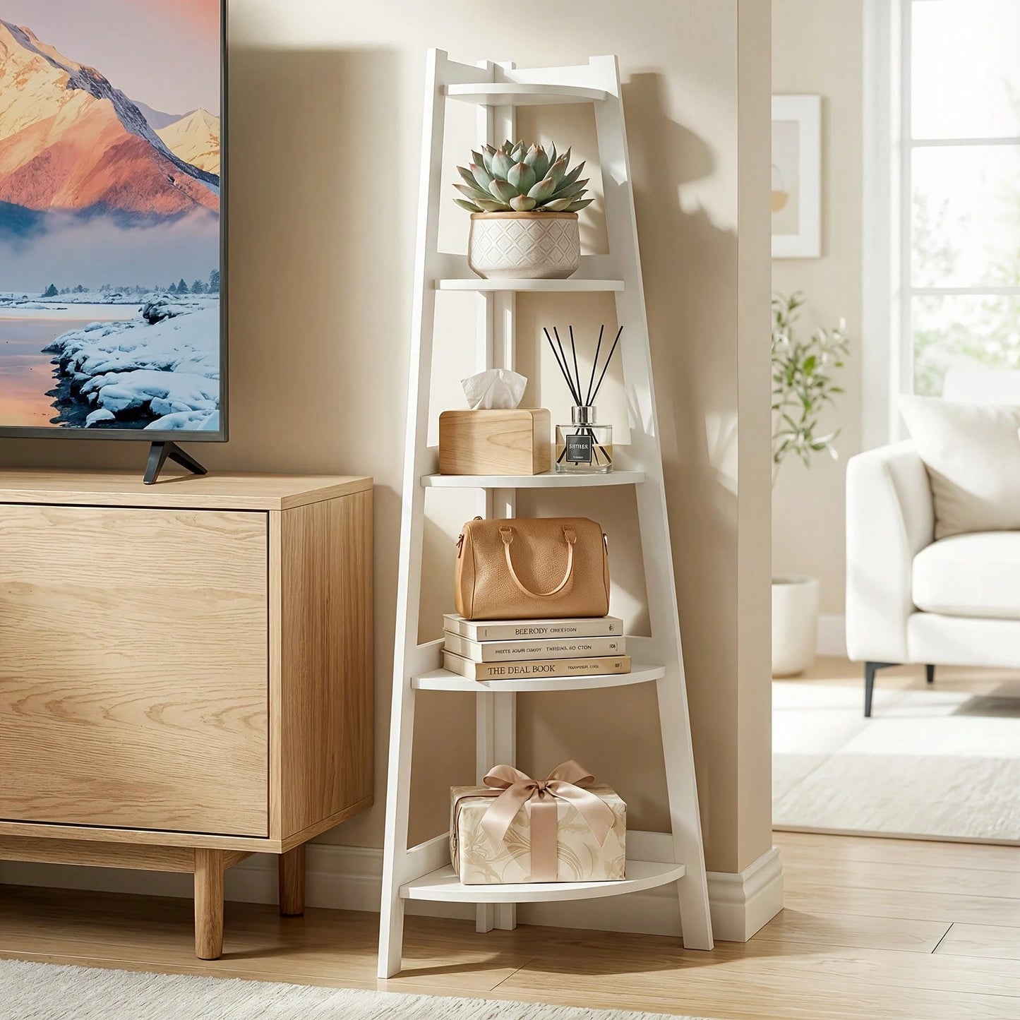 Senmeo Extra Large 5-Tier Corner Bookshelf| Heavy-Duty Space-Saving Modern White Bookcase For Home Office, Living Room, Kitchen, Balcony- Floor Mount, Versatile Shelving Unit, Durable, Boho Style, C