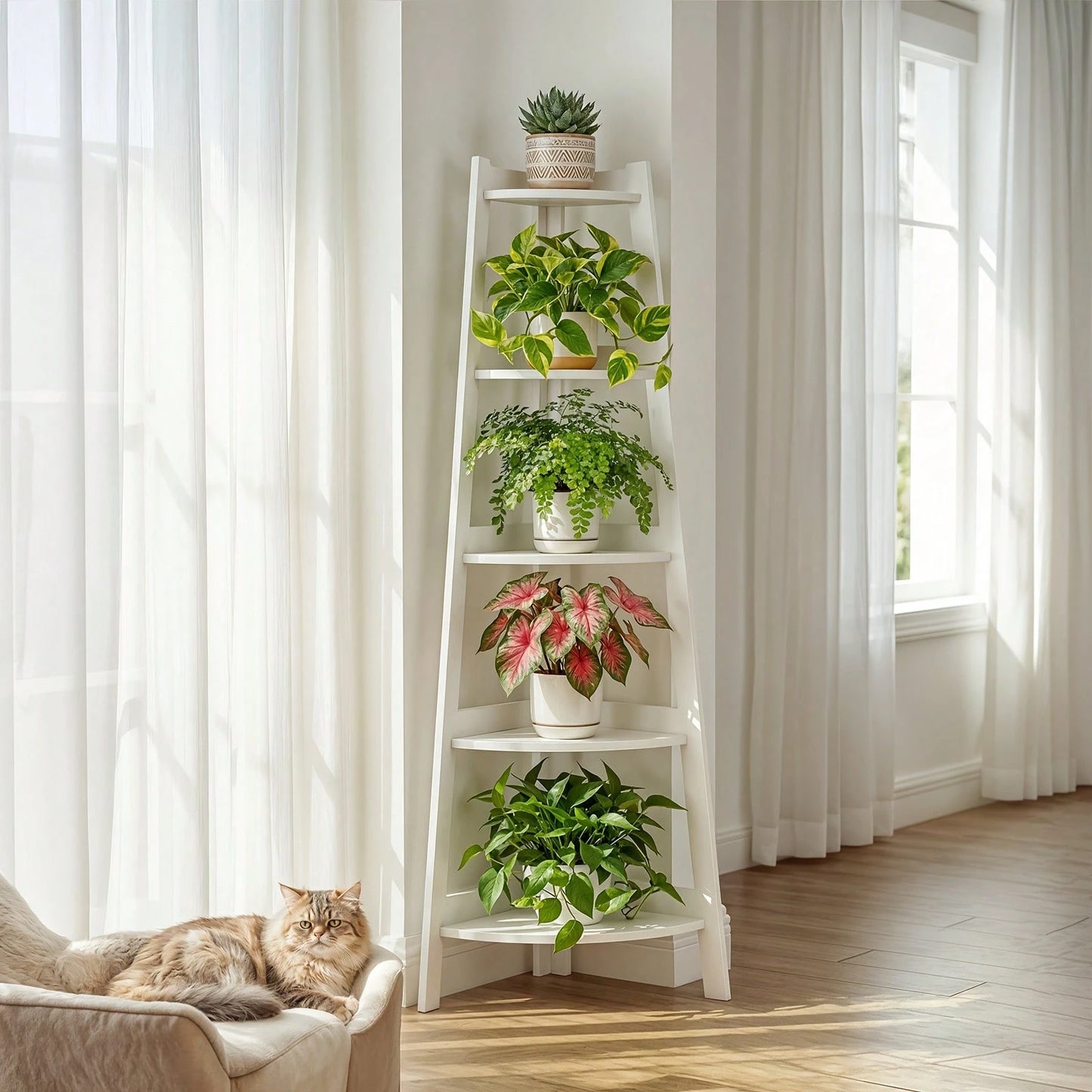 Senmeo Extra Large 5-Tier Corner Bookshelf| Heavy-Duty Space-Saving Modern White Bookcase For Home Office, Living Room, Kitchen, Balcony- Floor Mount, Versatile Shelving Unit, Durable, Boho Style, C