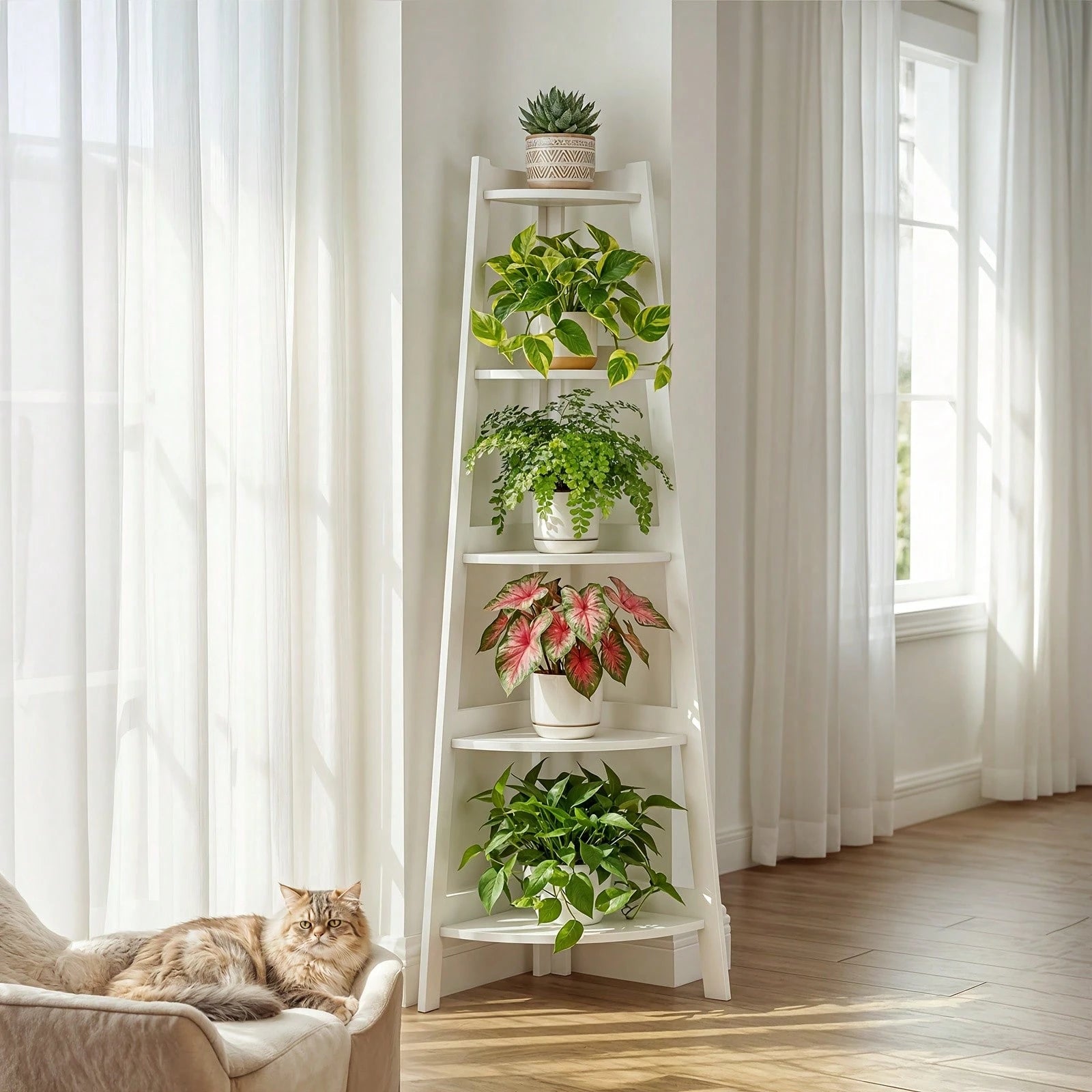 Senmeo Extra Large 5-Tier Corner Bookshelf| Heavy-Duty Space-Saving Modern White Bookcase For Home Office, Living Room, Kitchen, Balcony- Floor Mount, Versatile Shelving Unit, Durable, Boho Style, C