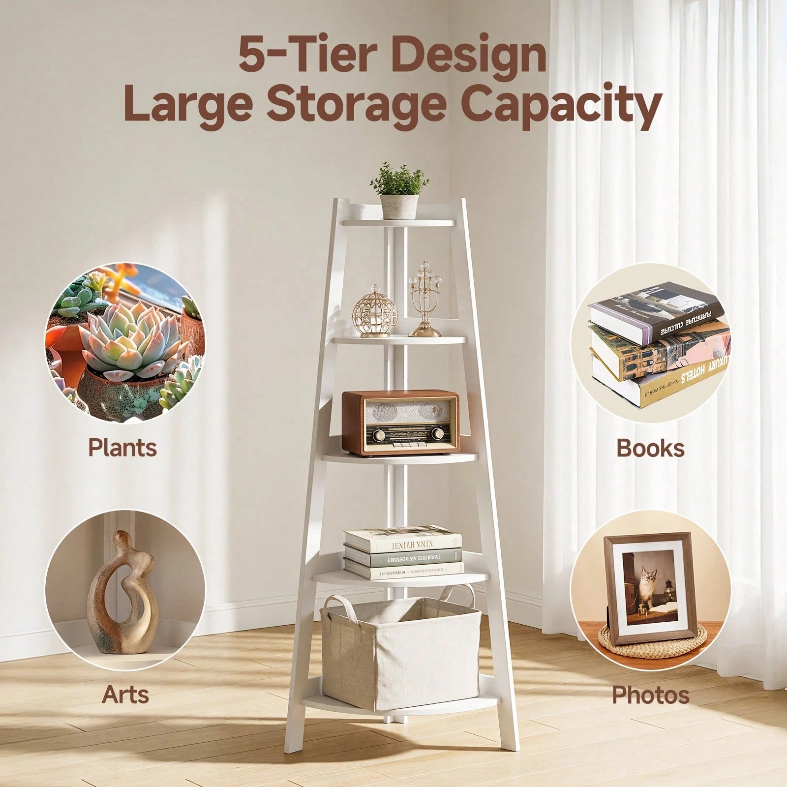 Senmeo Extra Large 5-Tier Corner Bookshelf| Heavy-Duty Space-Saving Modern White Bookcase For Home Office, Living Room, Kitchen, Balcony- Floor Mount, Versatile Shelving Unit, Durable, Boho Style, C