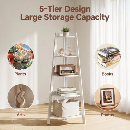 Senmeo Extra Large 5-Tier Corner Bookshelf| Heavy-Duty Space-Saving Modern White Bookcase For Home Office, Living Room, Kitchen, Balcony- Floor Mount, Versatile Shelving Unit, Durable, Boho Style, C