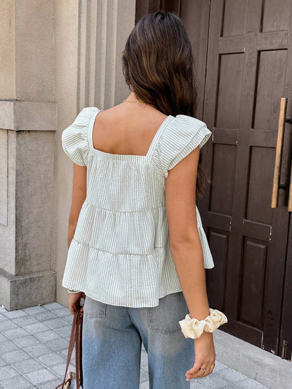 Serisse Women's Green And White Square Neck Short Flutter Sleeve Ruffle Hem Blouse Vacation Summer French Paris Elegant French Vacation