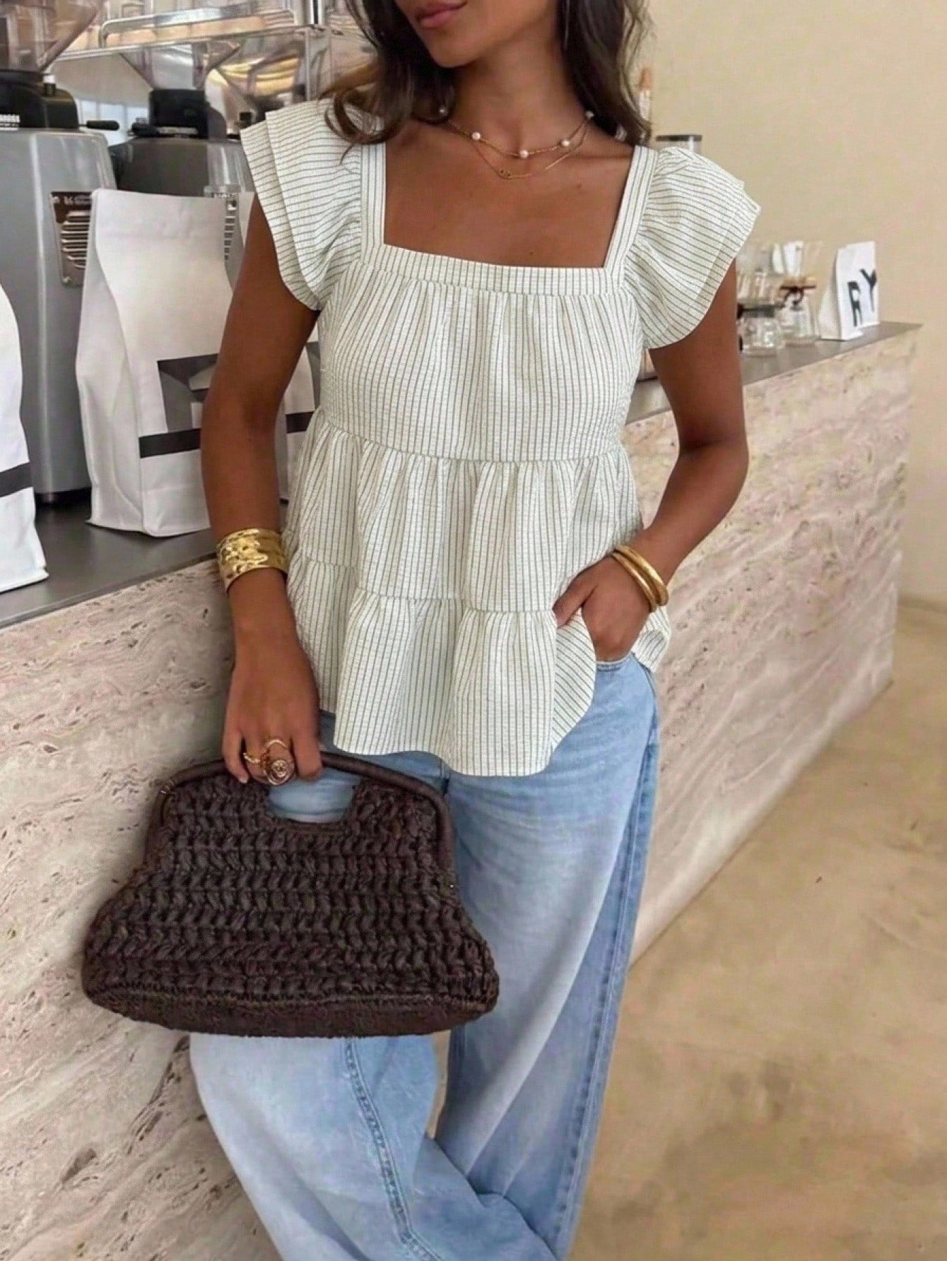 Serisse Women's Green And White Square Neck Short Flutter Sleeve Ruffle Hem Blouse Vacation Summer French Paris Elegant French Vacation