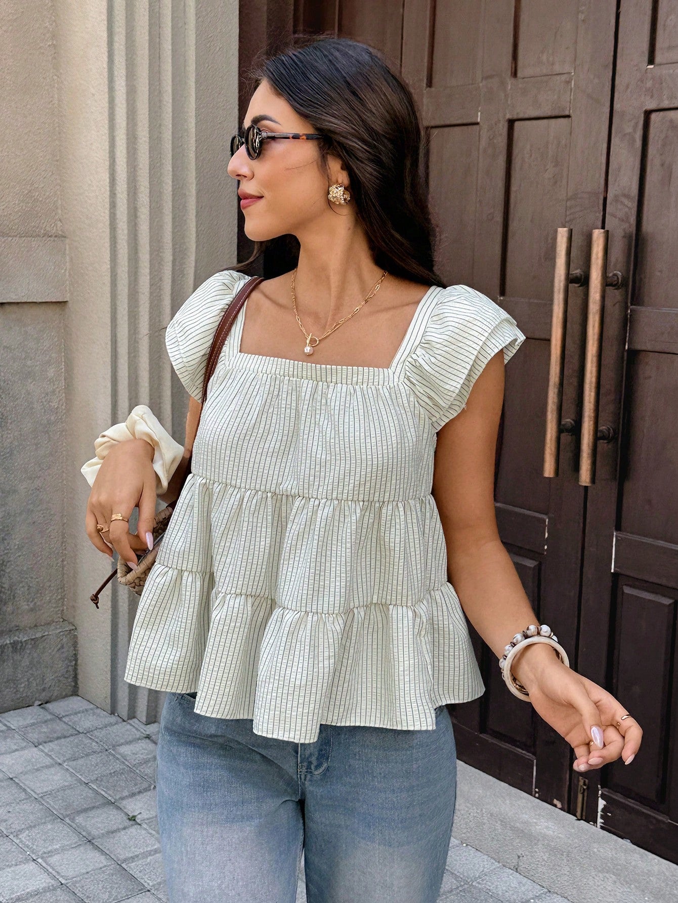 Serisse Women's Green And White Square Neck Short Flutter Sleeve Ruffle Hem Blouse Vacation Summer French Paris Elegant French Vacation