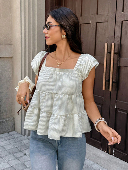 Serisse Women's Green And White Square Neck Short Flutter Sleeve Ruffle Hem Blouse Vacation Summer French Paris Elegant French Vacation