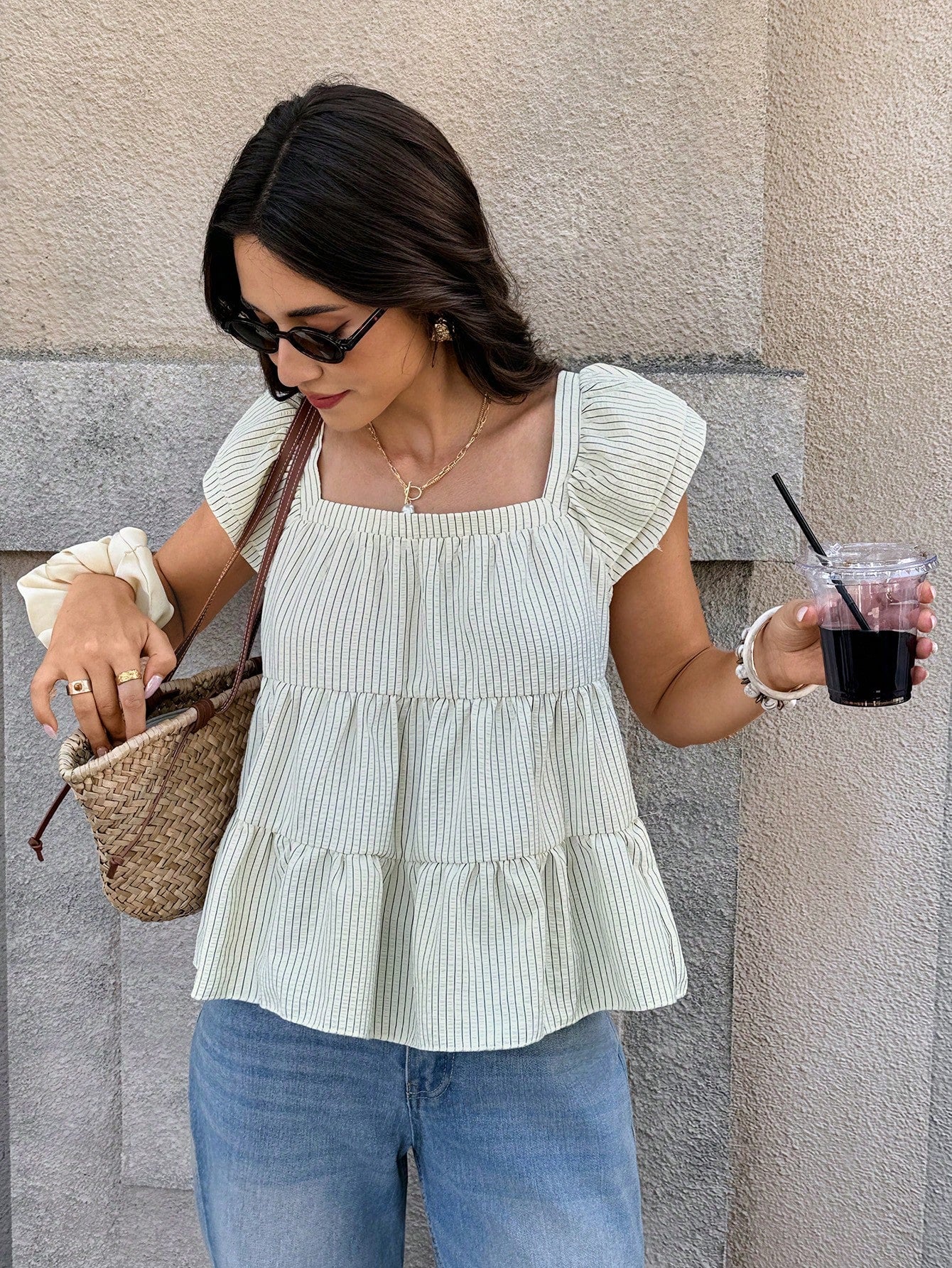 Serisse Women's Green And White Square Neck Short Flutter Sleeve Ruffle Hem Blouse Vacation Summer French Paris Elegant French Vacation