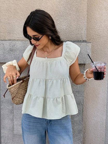 Serisse Women's Green And White Square Neck Short Flutter Sleeve Ruffle Hem Blouse Vacation Summer French Paris Elegant French Vacation