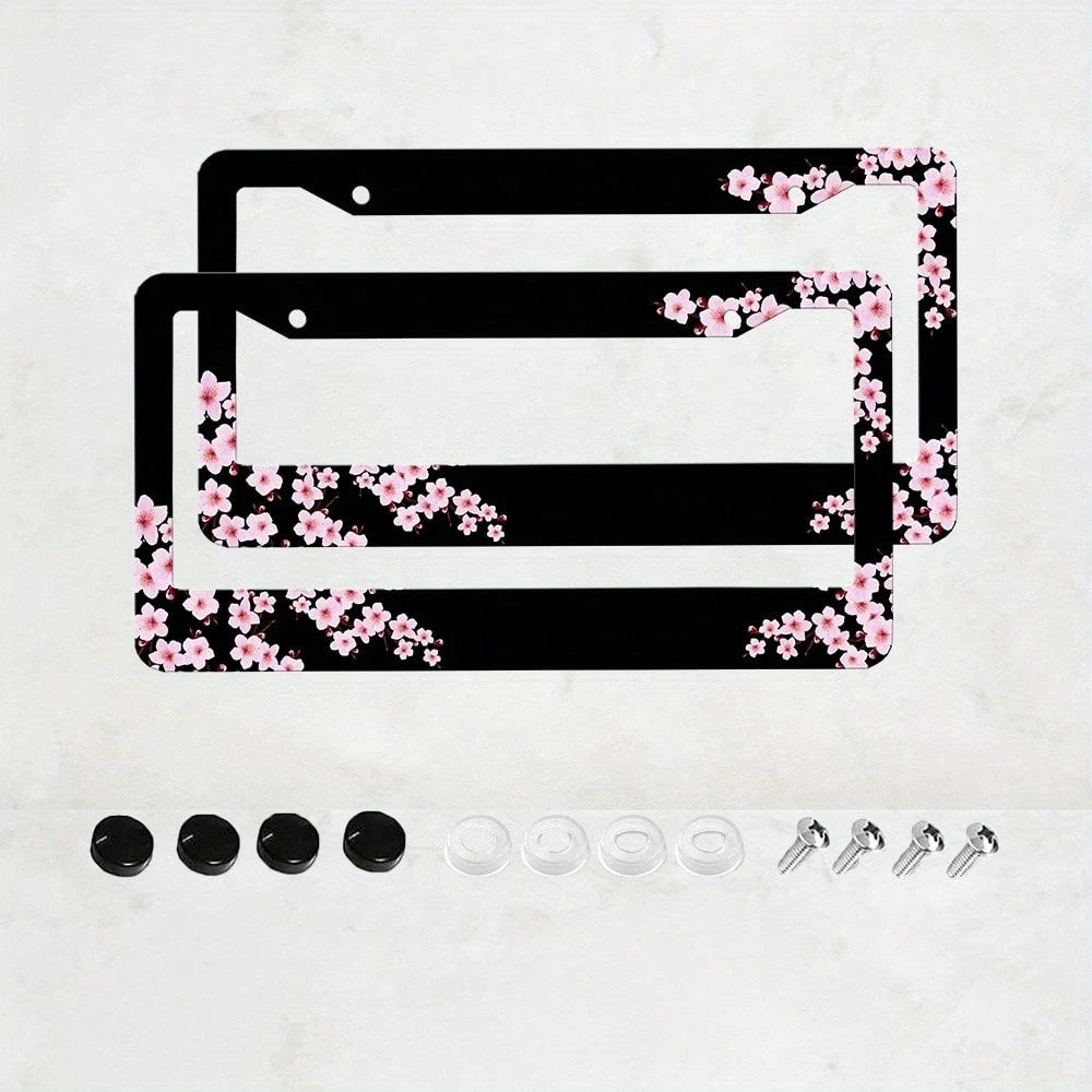 Set Of 2, Black Car License Plate Frame With Plum Blossom Design, Featuring Red Apricot And Peach Blossom, Front License Plate Cover, Unique License Plate Holder, Fun Car License Plate Accessories