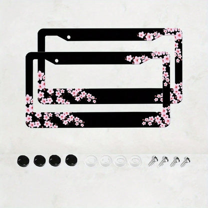 Set Of 2, Black Car License Plate Frame With Plum Blossom Design, Featuring Red Apricot And Peach Blossom, Front License Plate Cover, Unique License Plate Holder, Fun Car License Plate Accessories