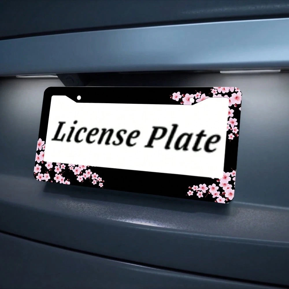 Set Of 2, Black Car License Plate Frame With Plum Blossom Design, Featuring Red Apricot And Peach Blossom, Front License Plate Cover, Unique License Plate Holder, Fun Car License Plate Accessories