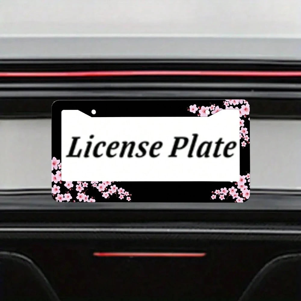Set Of 2, Black Car License Plate Frame With Plum Blossom Design, Featuring Red Apricot And Peach Blossom, Front License Plate Cover, Unique License Plate Holder, Fun Car License Plate Accessories