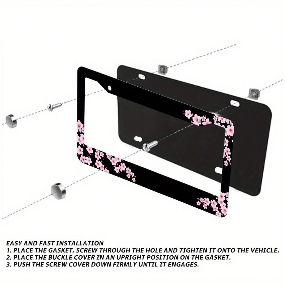 Set Of 2, Black Car License Plate Frame With Plum Blossom Design, Featuring Red Apricot And Peach Blossom, Front License Plate Cover, Unique License Plate Holder, Fun Car License Plate Accessories