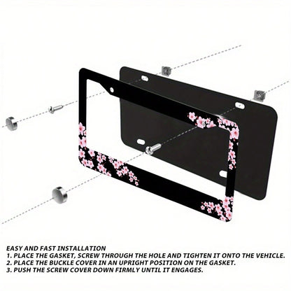Set Of 2, Black Car License Plate Frame With Plum Blossom Design, Featuring Red Apricot And Peach Blossom, Front License Plate Cover, Unique License Plate Holder, Fun Car License Plate Accessories