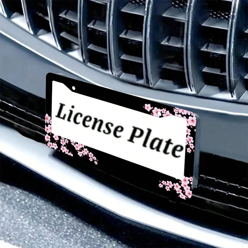Set Of 2, Black Car License Plate Frame With Plum Blossom Design, Featuring Red Apricot And Peach Blossom, Front License Plate Cover, Unique License Plate Holder, Fun Car License Plate Accessories