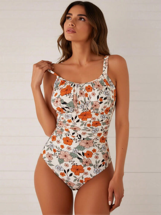 Sexy Boho High Stretch One-Pieces Swimsuit With Orange Floral Print For Women