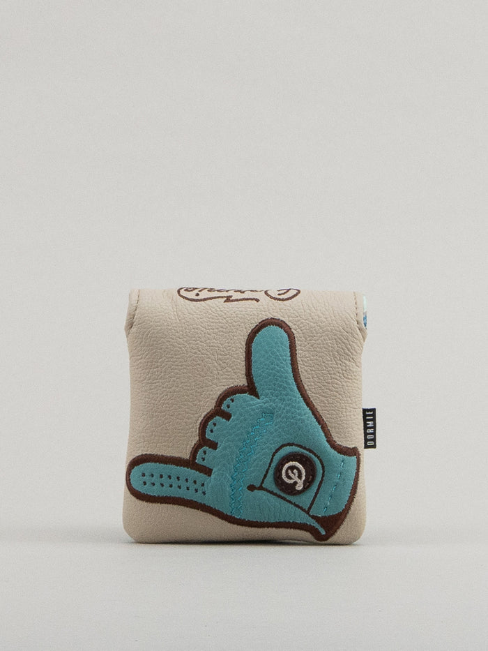 Creme leather headcover with embroidered and applique shaka glove
