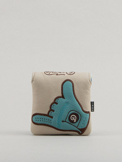 Creme leather headcover with embroidered and applique shaka glove