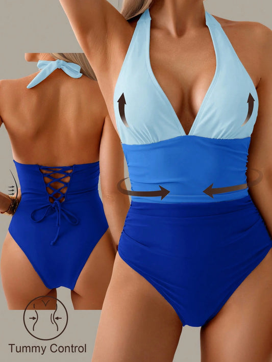 Shapewave 1pc Women's Tummy Control Patchwork Halter Backless Swimsuit,Blue Summer Gay Beach One Piece Bathing Suits,Boho Monokini Cut Out Swimwear,2026 New