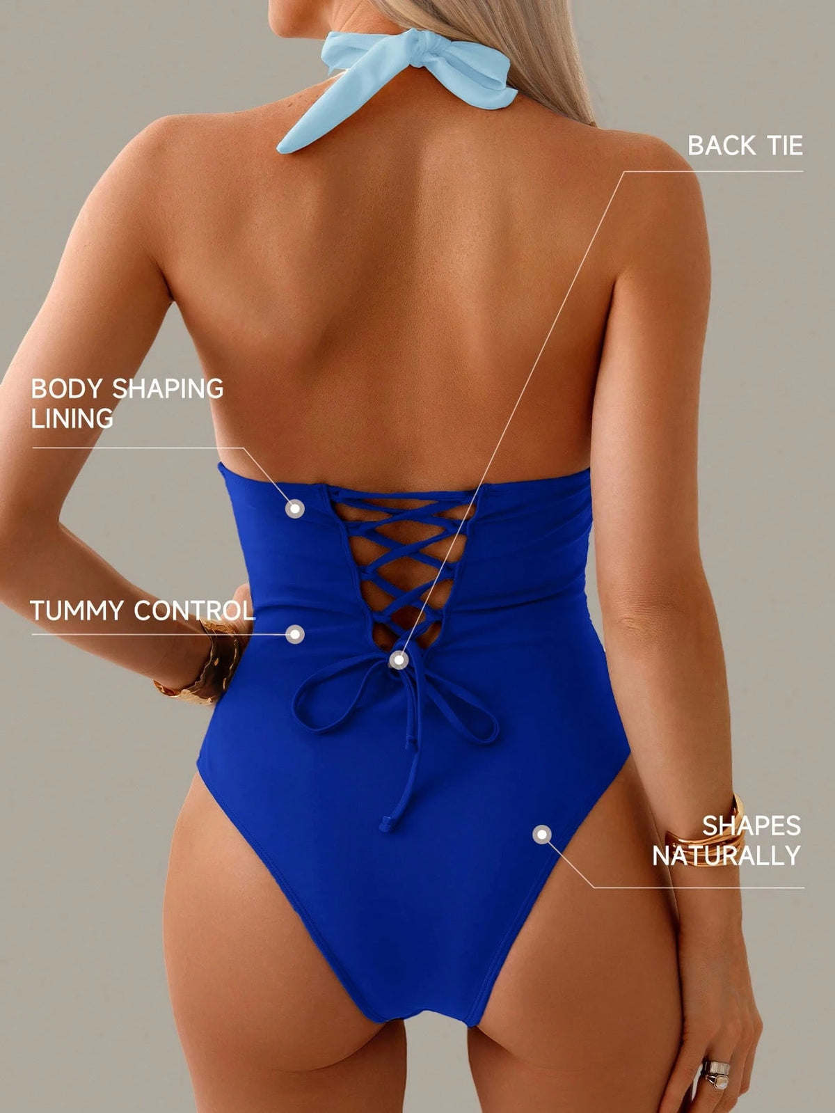 Shapewave 1pc Women's Tummy Control Patchwork Halter Backless Swimsuit,Blue Summer Gay Beach One Piece Bathing Suits,Boho Monokini Cut Out Swimwear,2026 New