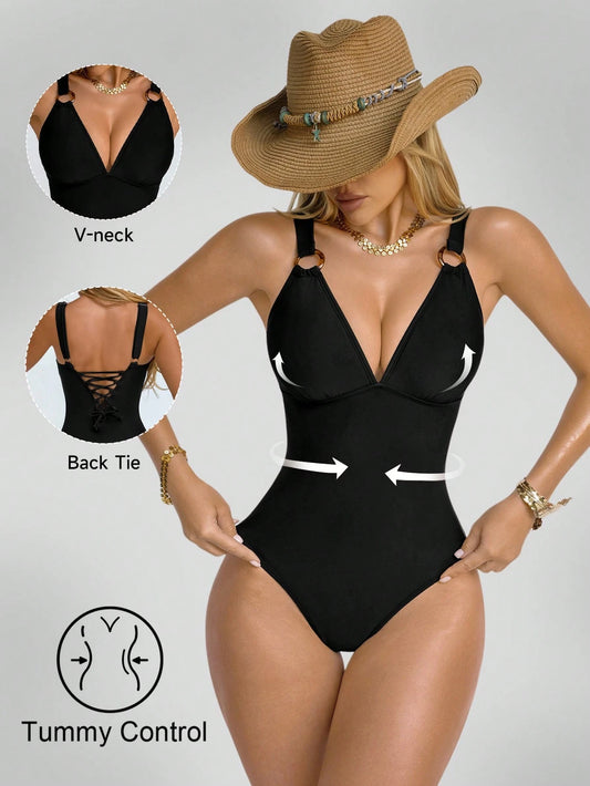Shapewave Women's One-Piece Shaping Waist-Cinched Push-Up Backless Tie-Up Swimsuit, Black Natural Buckle, Tummy Control, Beach Vacation Summer Sexy