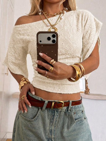SHEIN EZwear Women's Dopamine Apricot Textured Knit Batwing Sleeve Cropped T-Shirt,Elegant Beige Summer Date Top,Casual Y2K Fashion For Party,Vacation,Commute