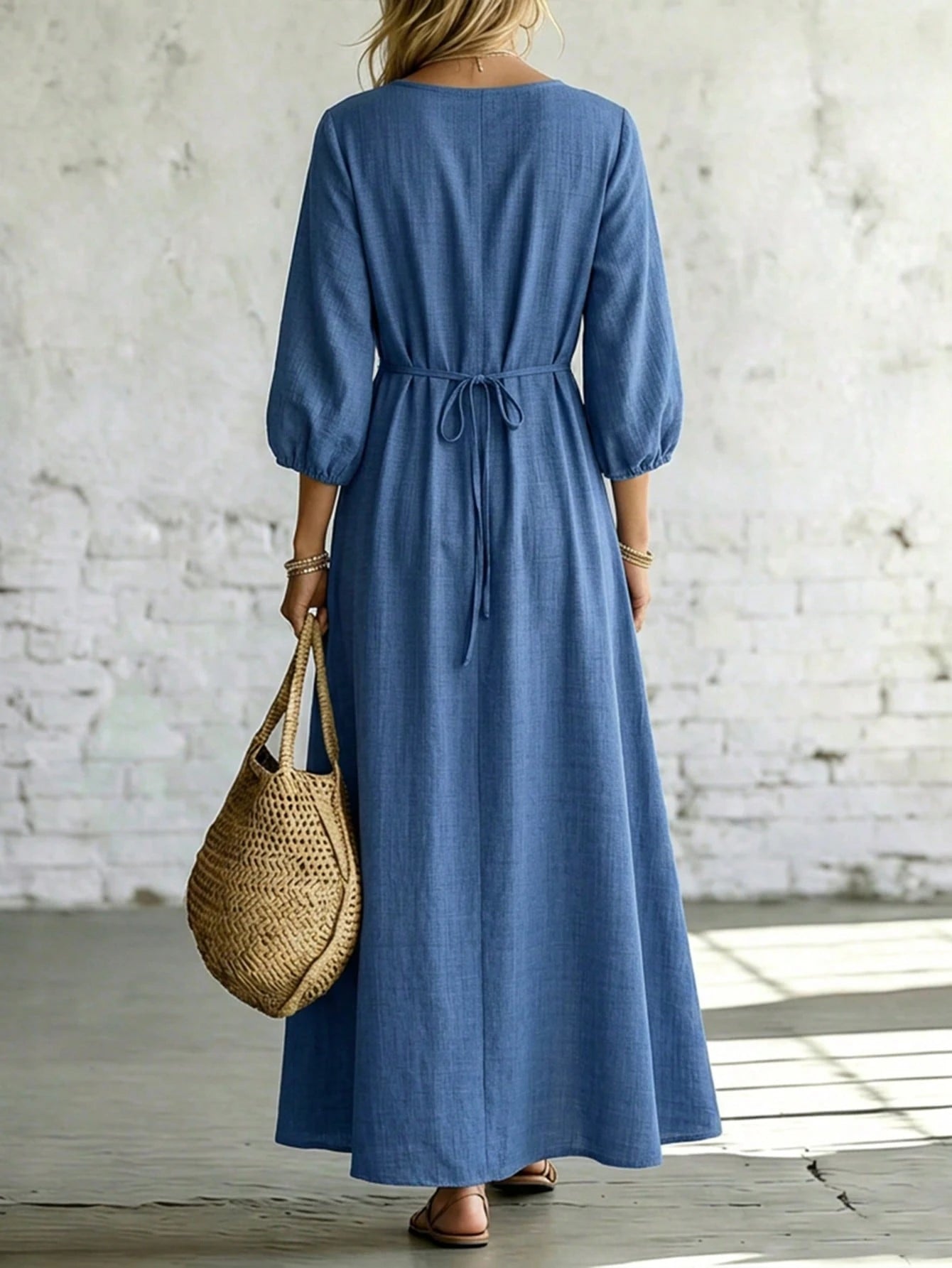 SHEIN LUNE Women's Summer Lantern Sleeve Round Neck Blue Long Dress