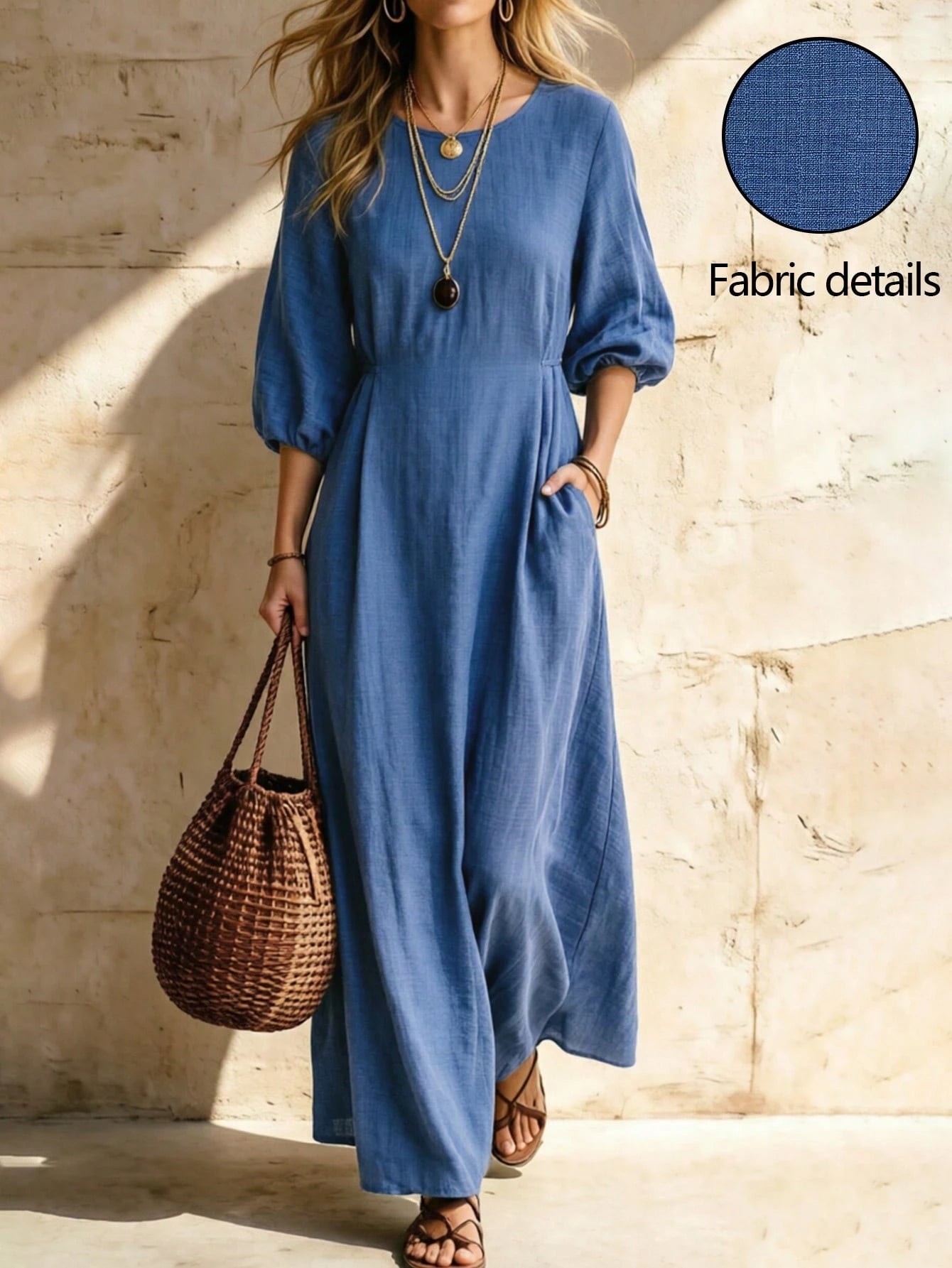 SHEIN LUNE Women's Summer Lantern Sleeve Round Neck Blue Long Dress